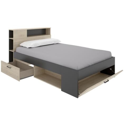 Cama con cabecero, almacenamiento y cajones - 120 x 190 cm - Color: natural y antracita - LEANDRE