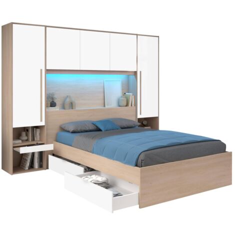 Cama con almacenamiento 140 x 190 cm - Con LEDs - Color: natural y blanco brillante - VELONA