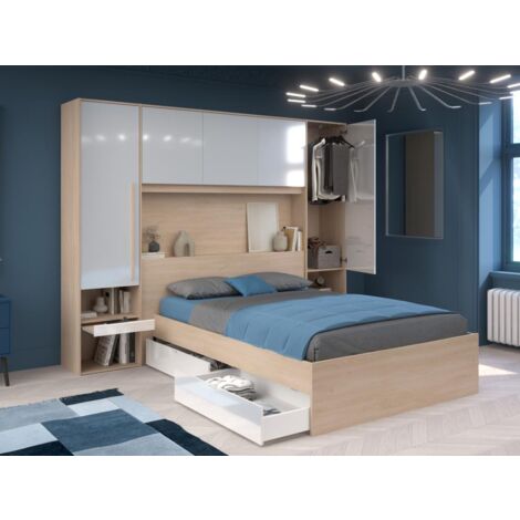 Cama con almacenamiento 140 x 190 cm - Con LEDs - Color: natural y blanco brillante - VELONA