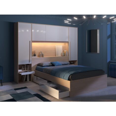 Cama con almacenamiento 140 x 190 cm - Con LEDs - Color: natural y blanco brillante - VELONA
