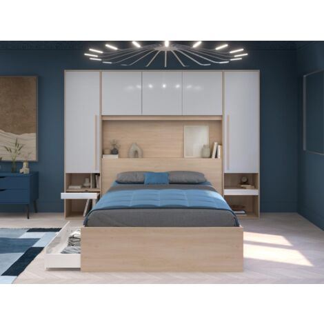 Cama con almacenamiento 140 x 190 cm - Con LEDs - Color: natural y blanco brillante - VELONA