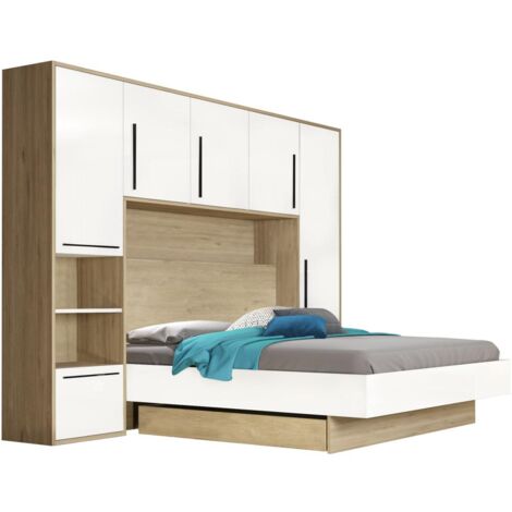 Cama alta 140 x 190 cm con almacenamiento - Color: Natural y blanco - NAJELI