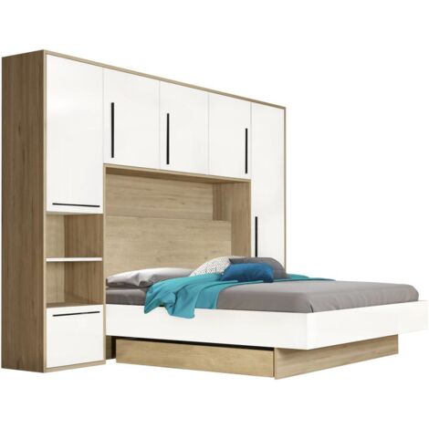 Cama alta 140 x 190 cm con almacenamiento - Color: Natural y blanco - NAJELI
