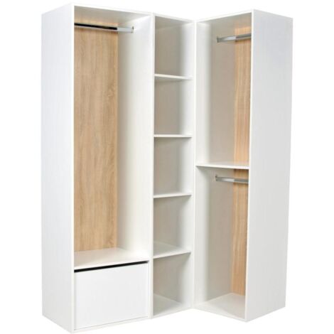 Armario ropero de esquina modular - L144,5 cm - blanco y natural - TAMOKA
