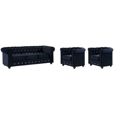Divano 3 posti e 2 poltrone CHESTERFIELD in velluto Nero con bottoni effetto cristallo