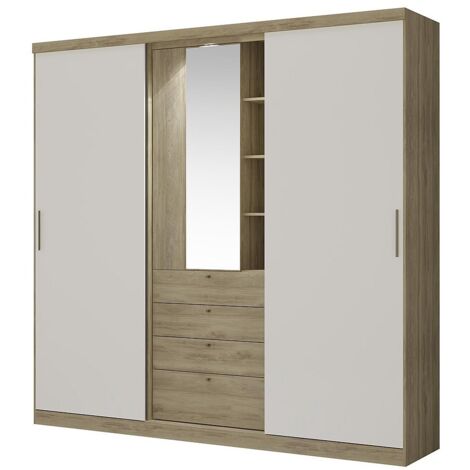 Armadio 2 ante scorrevoli con specchio e cassetti  L.240 cm Quercia e avorio - BODIL
