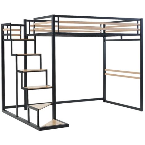 Letto a soppalco 140 x 200 cm Metallo e MDF Nero e Naturale - JOGUI