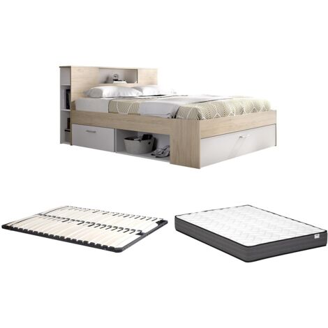 Vente-unique Letto LEANDRE Con Contenitore 140x190 Cm - Testata Con Vani, 2 Cassetti, 9 Nicchie E Baule Ai Piedi + Rete A Doghe Inclusa, Colore Naturale - 4