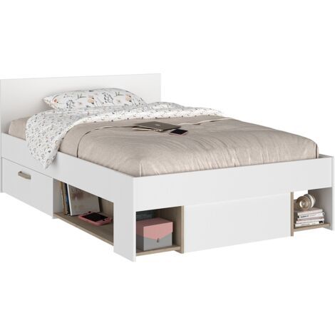 Letto 120 x 190/200 cm Con vani portaoggetti Bianco e naturale - KINSELIA