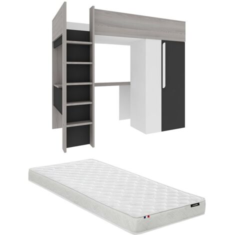 Letto A Soppalco Con Sponda E Scaletta - 90 X 200 Cm - Con USB E Tavolo Led Senza Materasso Metallo Bianco