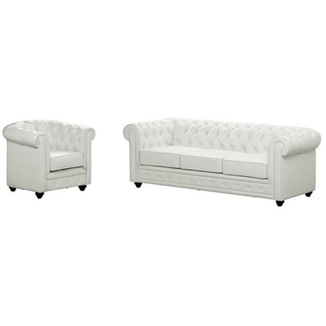 Divano CHESTERFIELD 3 posti e poltrona in similpelle Bianco