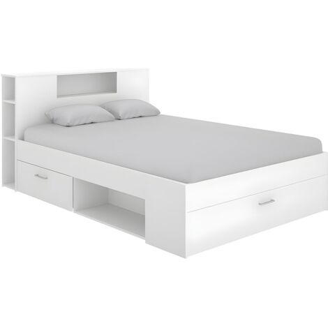Letto matrimoniale alla francese con testiera portaoggetti e cassetti 140 x 190 cm Bianco - LEANDRE (1/5)