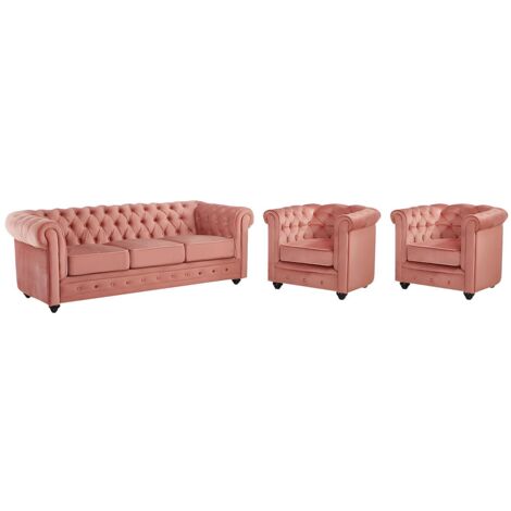Divano CHESTERFIELD 3 posti e 2 poltrone in velluto Rosa cipria