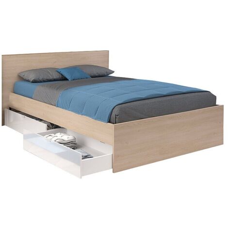 Letto con 2 cassetti 140 x 190 cm Naturale e Bianco lucido - VELONA (1/5)
