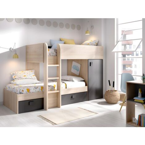 Letto a castello ad angolo reversibile Vani portaoggetti integrati 2 x 90 x 190 cm - Rovere e Antracite - RICARDO