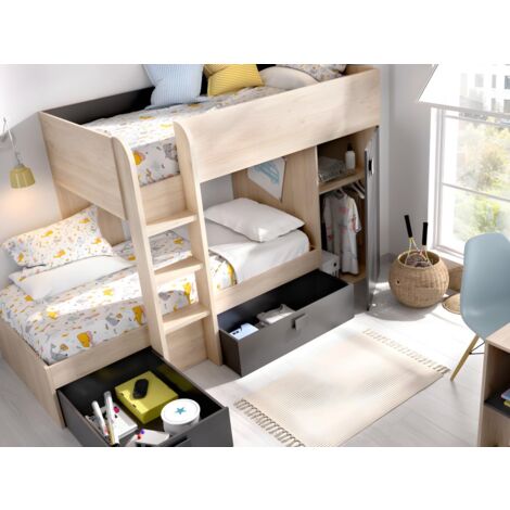 Letto a castello ad angolo reversibile Vani portaoggetti integrati 2 x 90 x 190 cm - Rovere e Antracite - RICARDO