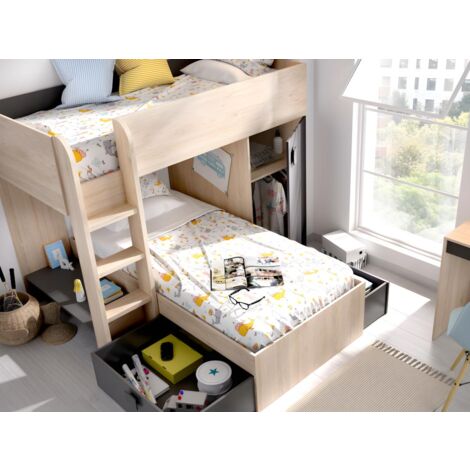 Letto a castello ad angolo reversibile Vani portaoggetti integrati 2 x 90 x 190 cm - Rovere e Antracite - RICARDO