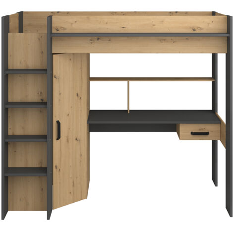 Letto a soppalco con scrivania e armadio 90 x 200 cm Rovere e Antracite - AUCKLAND