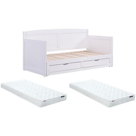 Letto divano scomparsa 90x190 o 180x190cm Con rete a pettine Cassetti Pino e MDF Bianco + Materasso - DINIVA