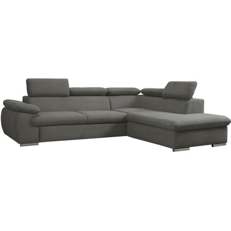 Divano Letto Con Penisola Destra In Tessuto Grigio | 254x193x88 Cm | Con Pouf E Contenitore