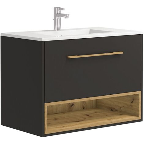 Lomadox Set di mobili da bagno, lavabo da 80 cm, in ceramica, a specchio, rotondo, antracite, in legno di quercia, colore nero, con scanalature frontali in MDF