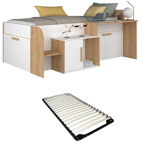 Letto A Soppalco Con Scrivania PALOMA 90x200 Cm - Letto Combinato Con Ripiani Per Camera Ragazzo - Bianco E Legno Chiaro - 2