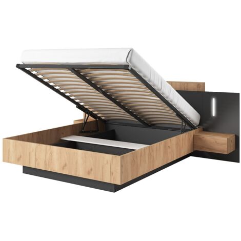 Letto con contenitore con comodini 2 cassetti Con LED 140 x 190 cm Naturale e Antracite - FRANCOLI