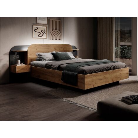 Letto con comodini 160 x 200 cm Con LED Naturale e Nero Rete - Main Image