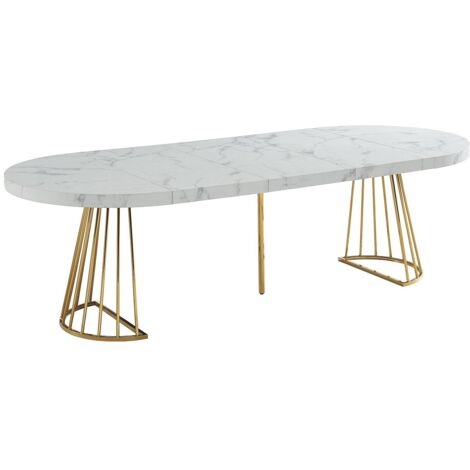 Tavolo da pranzo allungabile da 2 a 12 coperti in MDF e Acciaio Effetto marmo Bianco e Oro - FIRELA