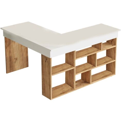 Scrivania con scaffali di contenimento decorata in legno di pino e bianco L180 cm