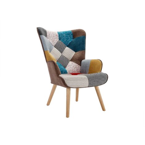 Fauteuil DEMILLYDE En Tissu Patchwork Bleu Multicolore – Neuf