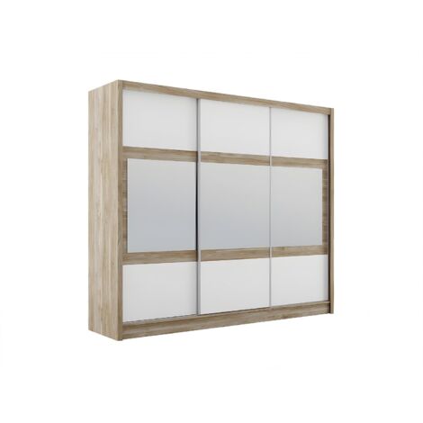 Armadio 3 ante scorrevoli con specchio L250 cm Naturale e Bianco - LEOVIA