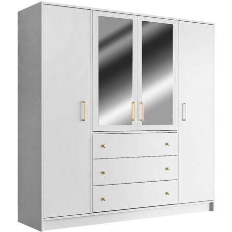 Armadio 4 ante e 3 cassetti Con specchi L196 cm Bianco - LIZANDRO