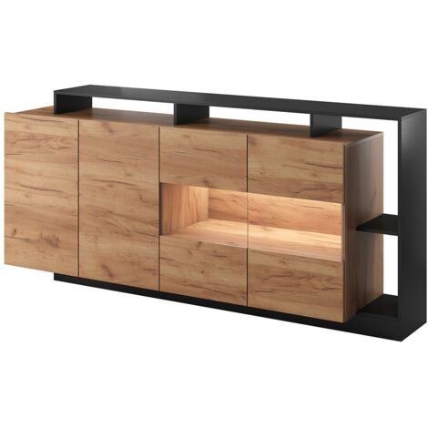 Credenza 4 ante e 4 nicchie con LED Naturale chiaro e Antracite - IDESIA