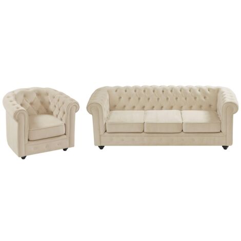 Divano 3 posti e poltrona in Velluto Beige  - CHESTERFIELD