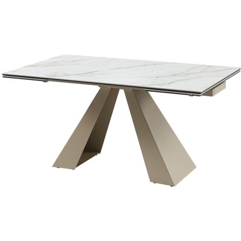Tavolo da pranzo allungabile da 6 a 10 coperti in Ceramica e Metallo Effetto marmo Bianco e Beige - LOZIPA di Pascal MORABITO