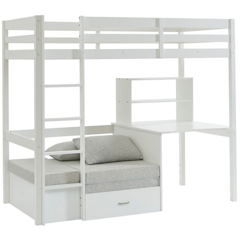 Vente-unique Letto A Soppalco MODULO IV – 90x190 Cm Bianco – Con Panca Letto Estraibile 135x190 Cm – Struttura Metallica Fissabile A Parete