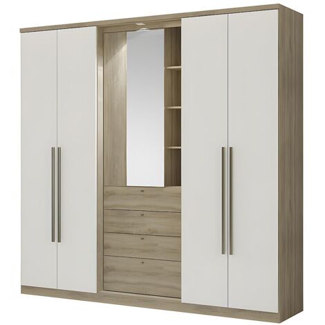 Armadio 4 ante con specchio e cassetti L.240cm Quercia e avorio - ISAK