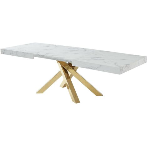Tavolo da pranzo allungabile da 6 a 10 coperti in MDF e metallo Effetto marmo Bianco e Oro - CATONAV