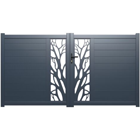Cancello a battente in kit L350 x H179 cm Alluminio semi traforato con motivi Antracite - LABRIT II