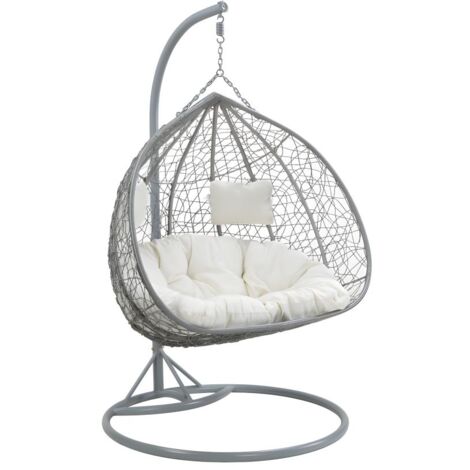 Poltrona sospesa 2 posti in resina intrecciata grigio con cuscino bianco - CAYAMBE