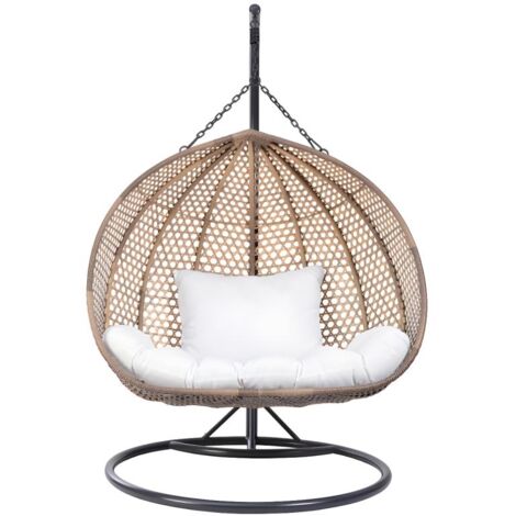 Poltrona sospesa 2 posti VAHINA in resina intrecciata beige e cuscino bianco