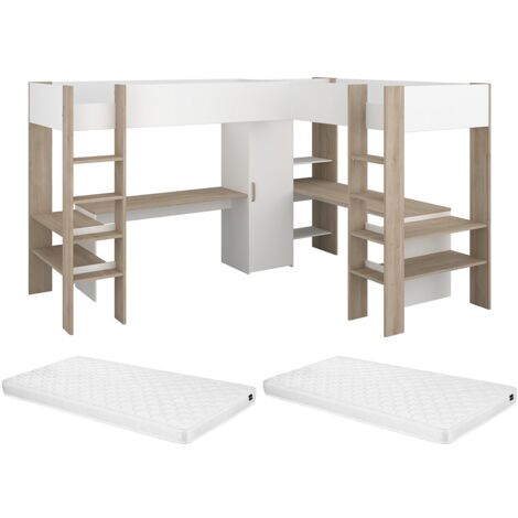 Letto matrimoniale angolare a soppalco 2x90x200 Con vani e scrivania Bianco e Naturale + Materasso  - LASCANO
