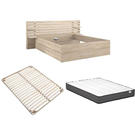 Letto 160 X 200 Cm Con Vani Portaoggetti Naturale + Rete A Doghe Materasso Tenalia Ii 79312229