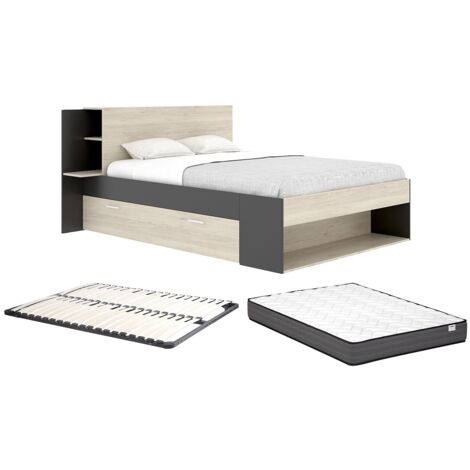 VENTE-UNIQUE - Letto Con Testata Vani Portaoggetti E Cassetti 140 X 190 Cm Bianco E Antracite Florian 3666471022551