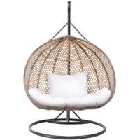 Poltrona sospesa 2 posti VAHINA in resina intrecciata beige e cuscino bianco