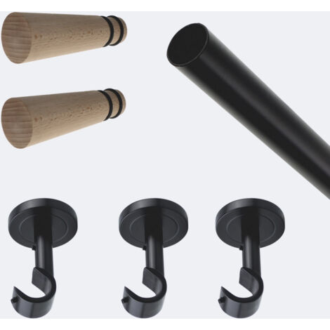 Kit de tringle à rideaux Noir Mat 250cm Diam.20mm Embout Cône Bois - Fixation Plafond - Boulet (1/3)