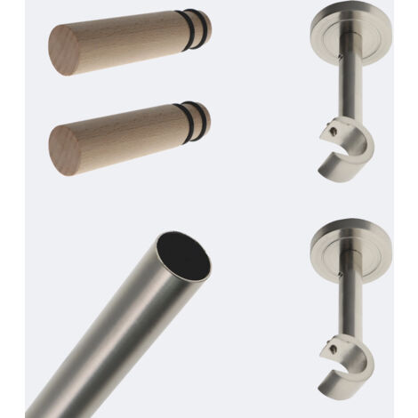 Kit de tringle à rideaux Nickel Mat 150cm Diam.20mm Embout Cylindre Bois - Fixation Mur - Boulet (1/3)