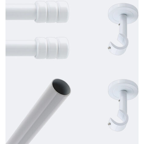 Kit de tringle à rideaux Blanc 150cm Diam.20mm Embout Cylindre - Fixation Plafond - Boulet (1/3)