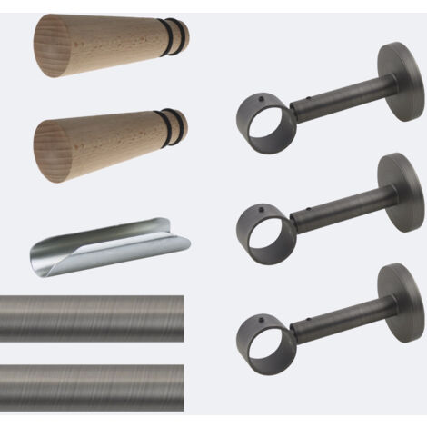 Kit de tringle à rideaux Carbone 300cm Diam.28mm Embout Cône Bois - Fixation Mur - Boulet (1/3)